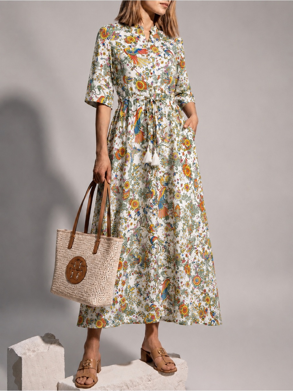 Tory Burch Promised Land Cotton Maxi Shirt Dress Pockets | S Bird Floral Print - Picture 1 of 7
